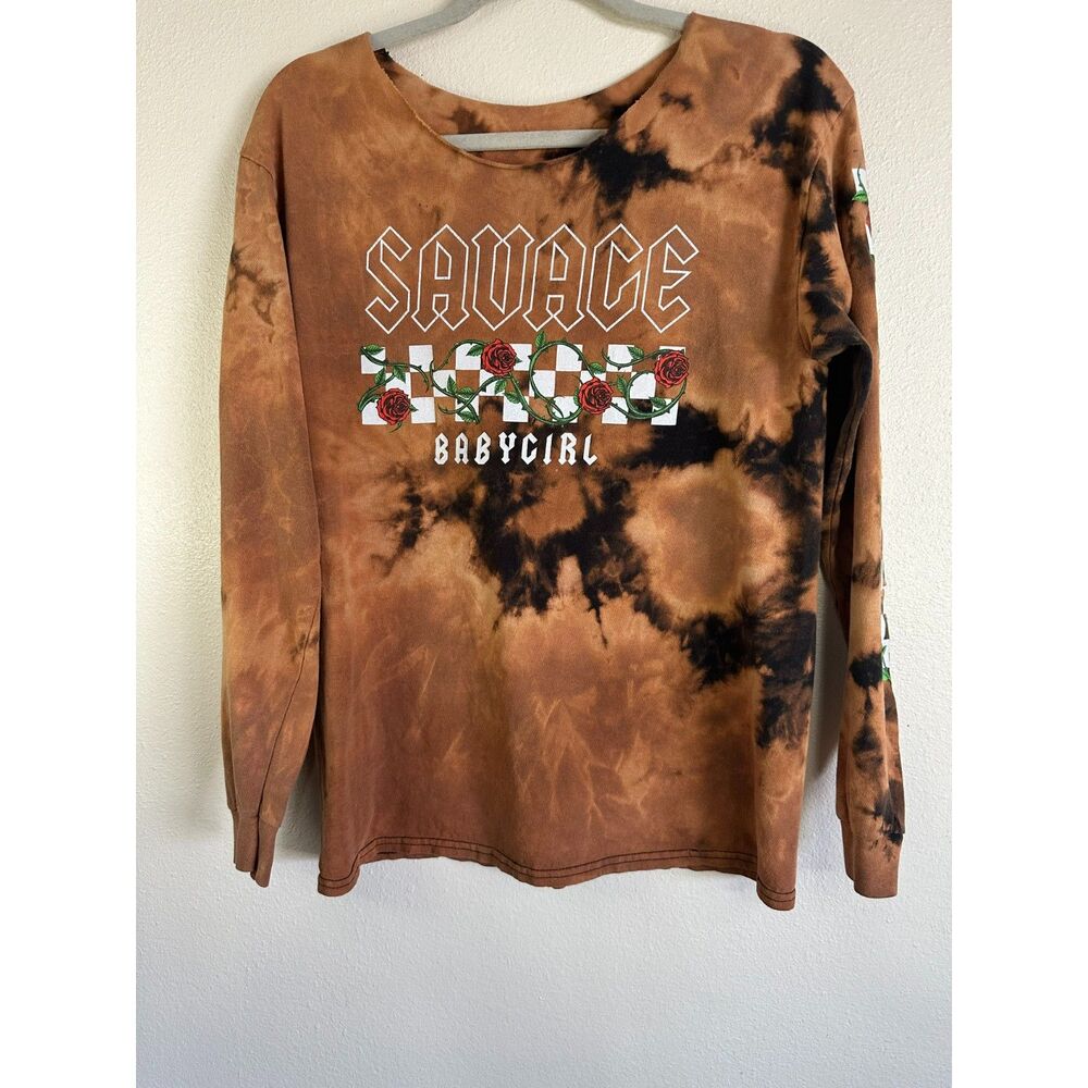 Women's Black/Brown Tie Dye "Savage" Long Sleeve Tee Size M